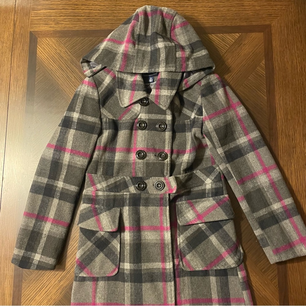 Rothschild Gray and Pink Plaid Pea Coat for Kids